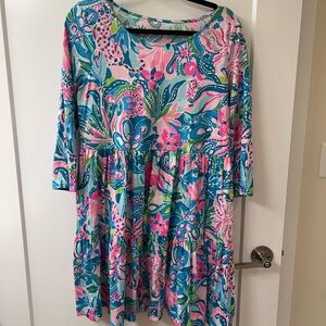 LILLY PULITZER BLUE & PINK PAISLEY PRINTED 3/4 SLEEVE SHIFT DRESS SZ L